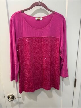 Calvin Klein Magenta Sequin-Front Long Sleeve Tee